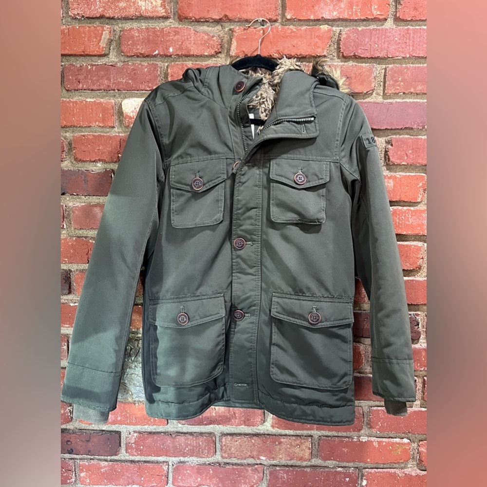 Abercrombie Kids Boys Faux Fur Utility Parka Size‎ 13/14 Olive Green